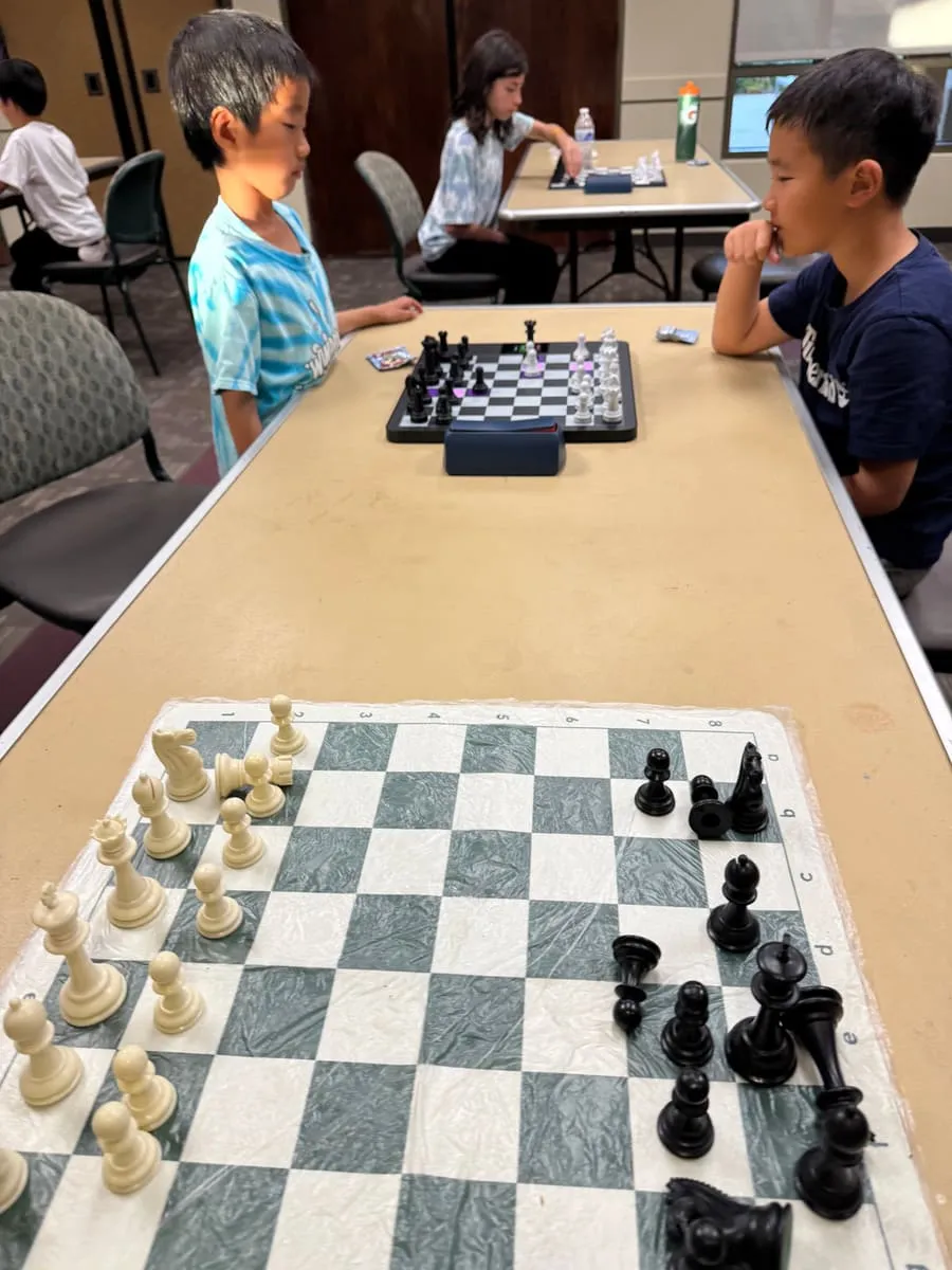 Two boys face each other across a chessboard.