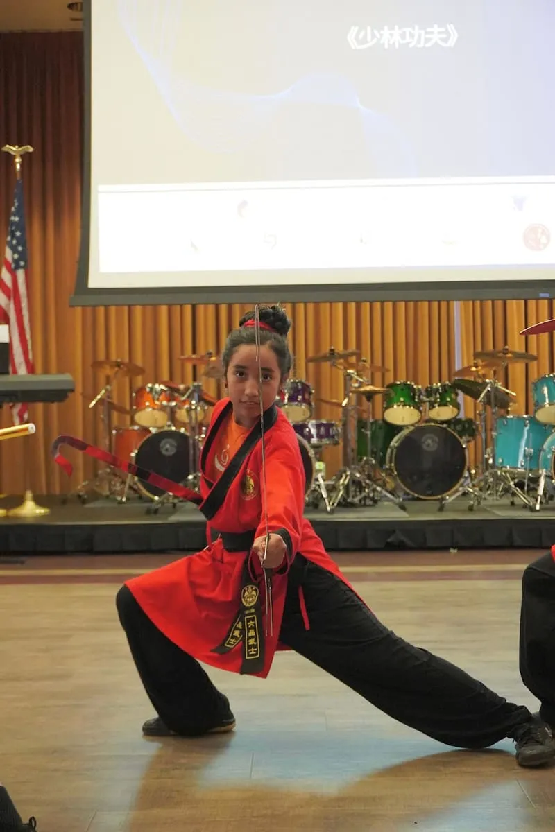 A performer in a red uniform holds a low kung fu stance on stage.