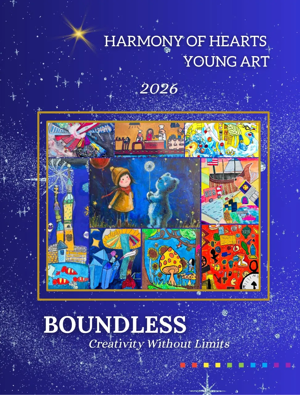 Cover of the 2026 artbook, Boundless — a night-blue cover framing a grid of student paintings.