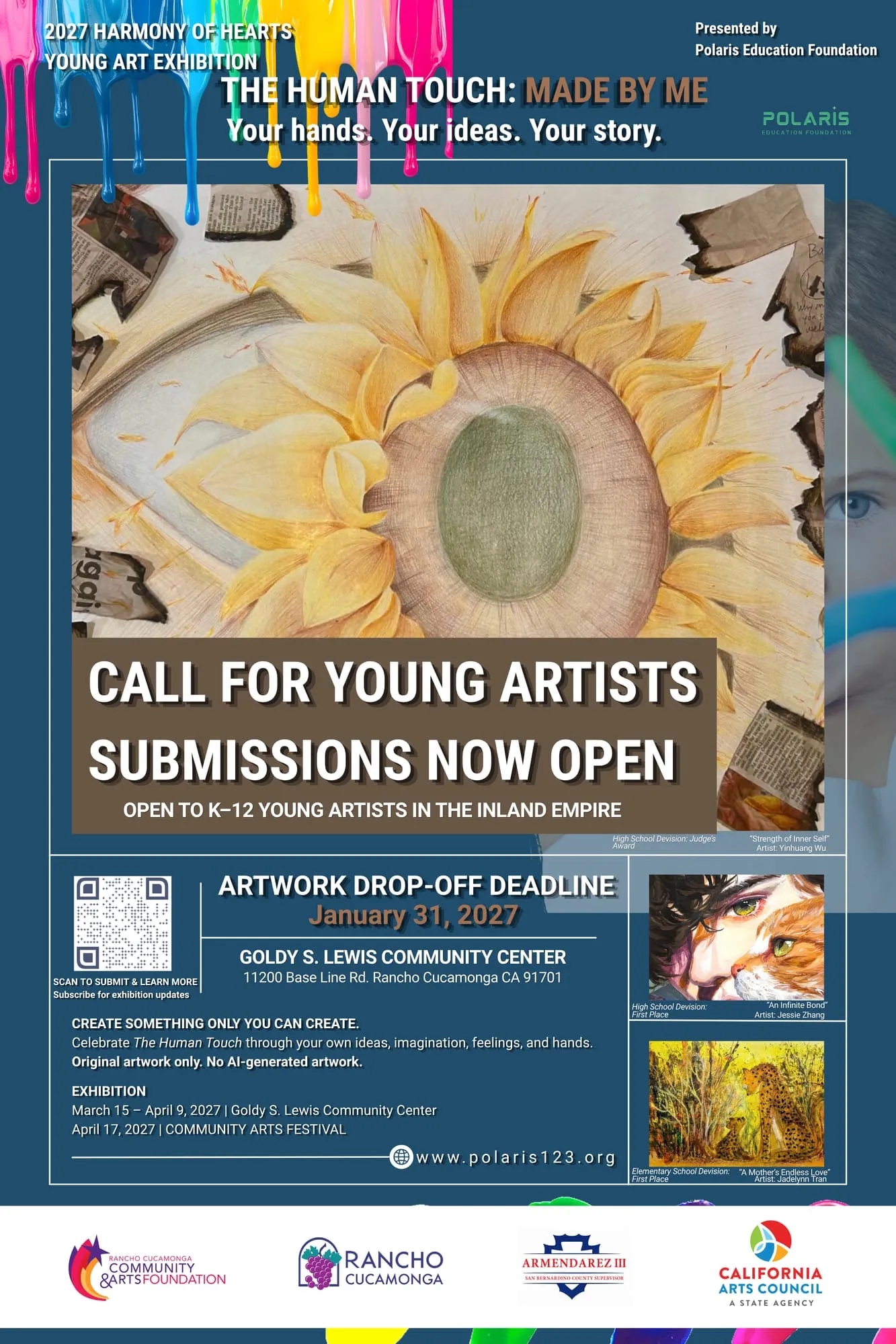 2027 Harmony of Hearts poster. The Human Touch: Made by Me. Call for young artists, submissions now open, open to K–12 young artists in the Inland Empire. Artwork drop-off deadline January 31, 2027, Goldy S. Lewis Community Center. Exhibition March 15 to April 9, 2027; awards April 17, 2027 at the Community Arts Festival.